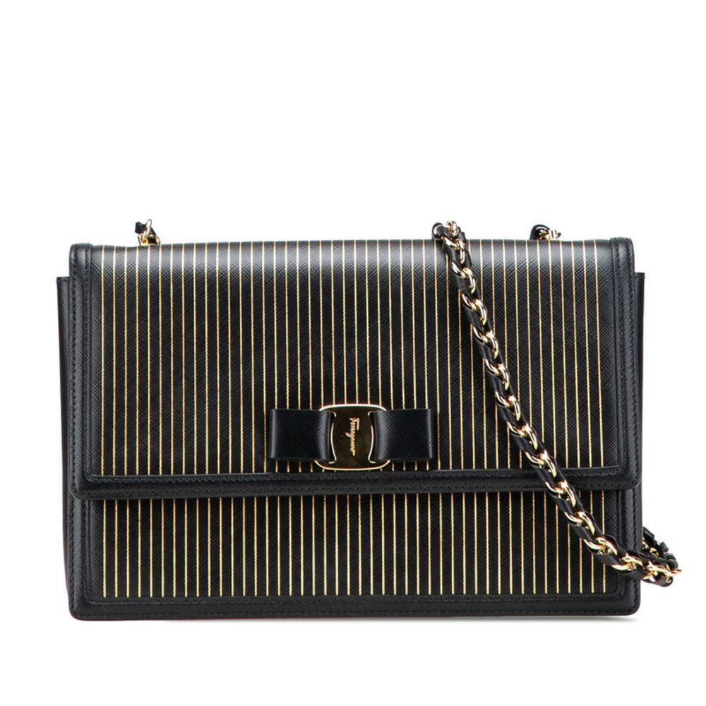 Salvatore Ferragamo Vara Ribbon Stripe Chain Shoulder Bag Black Gold